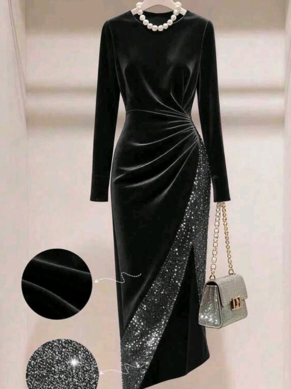 Elegant Black Velvet Evening Dress with Sequin Accent